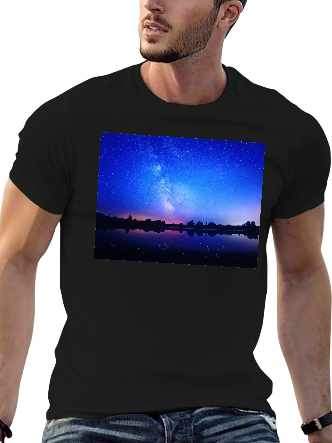 Black Night Sky Reflection Graphic T-Shirt view 6