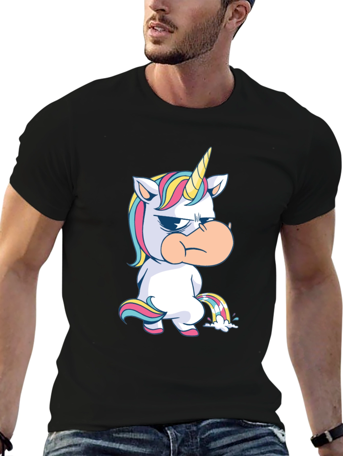 Black Grumpy Unicorn Black T-Shirt Novelty Tee view 6