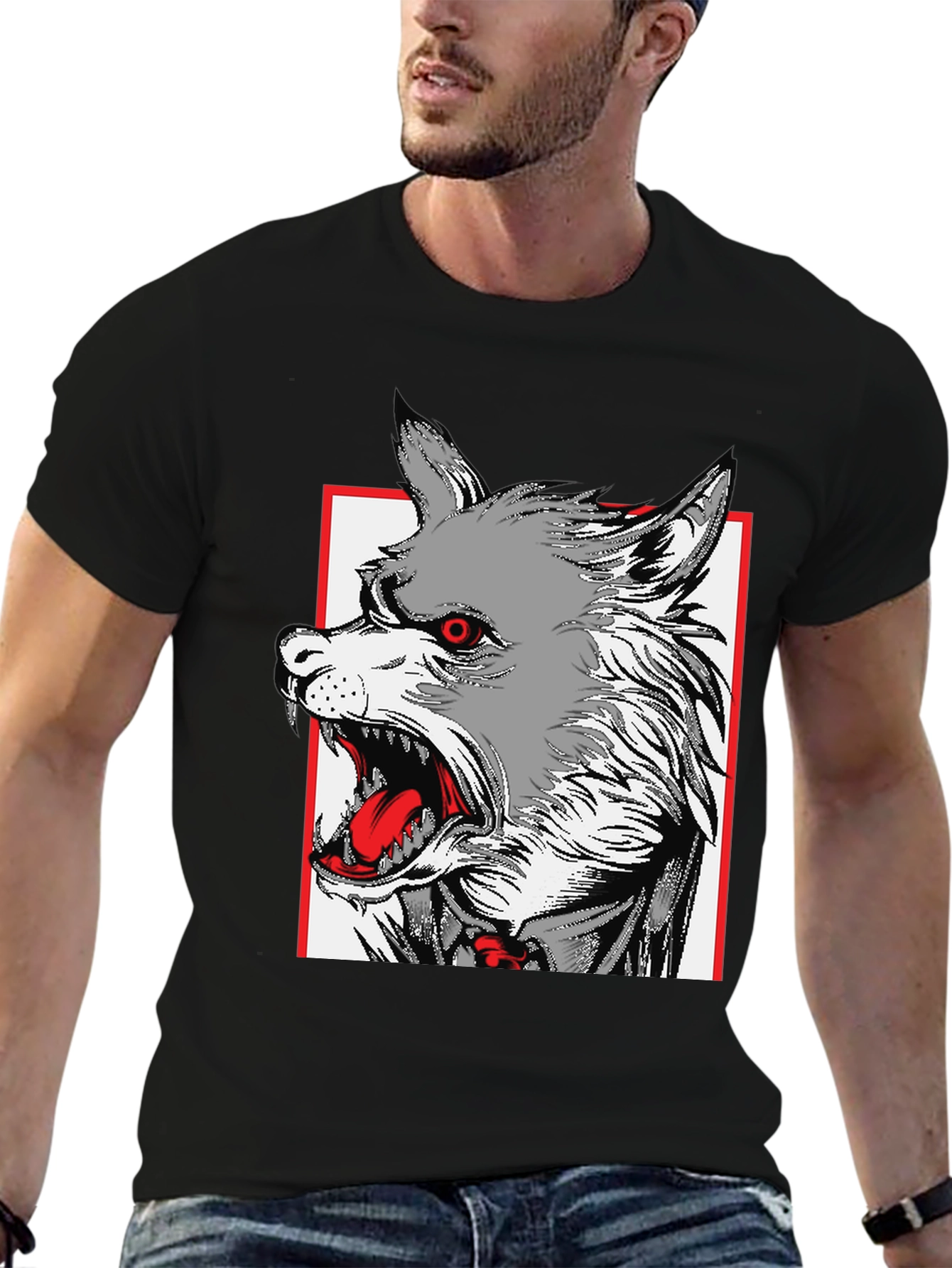 Black Wolf Graphic Print Black T-Shirt view 6