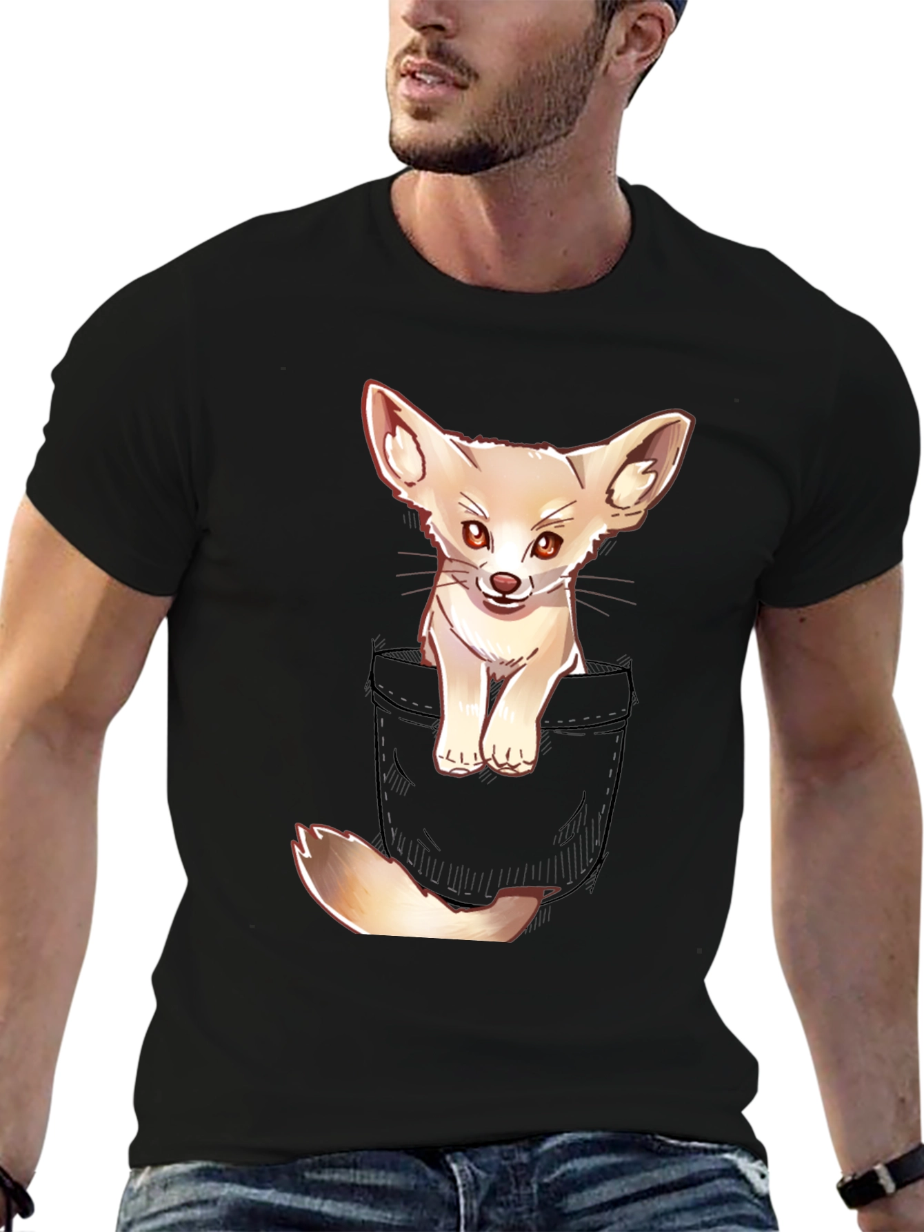Black Cute Fennec Fox Pocket T-Shirt view 6