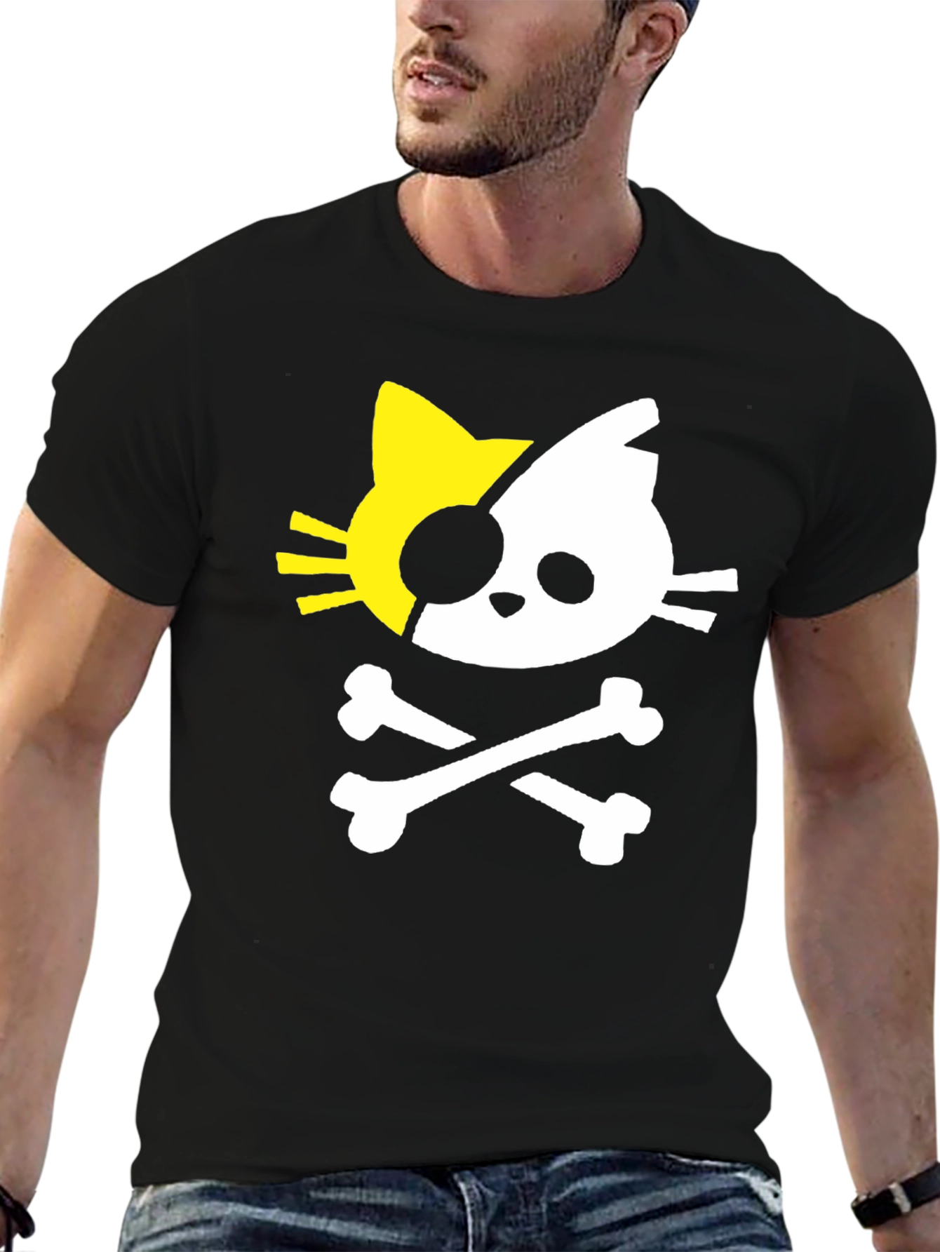Black Pirate Kitty Graphic Tee - Black Cotton T-Shirt view 6
