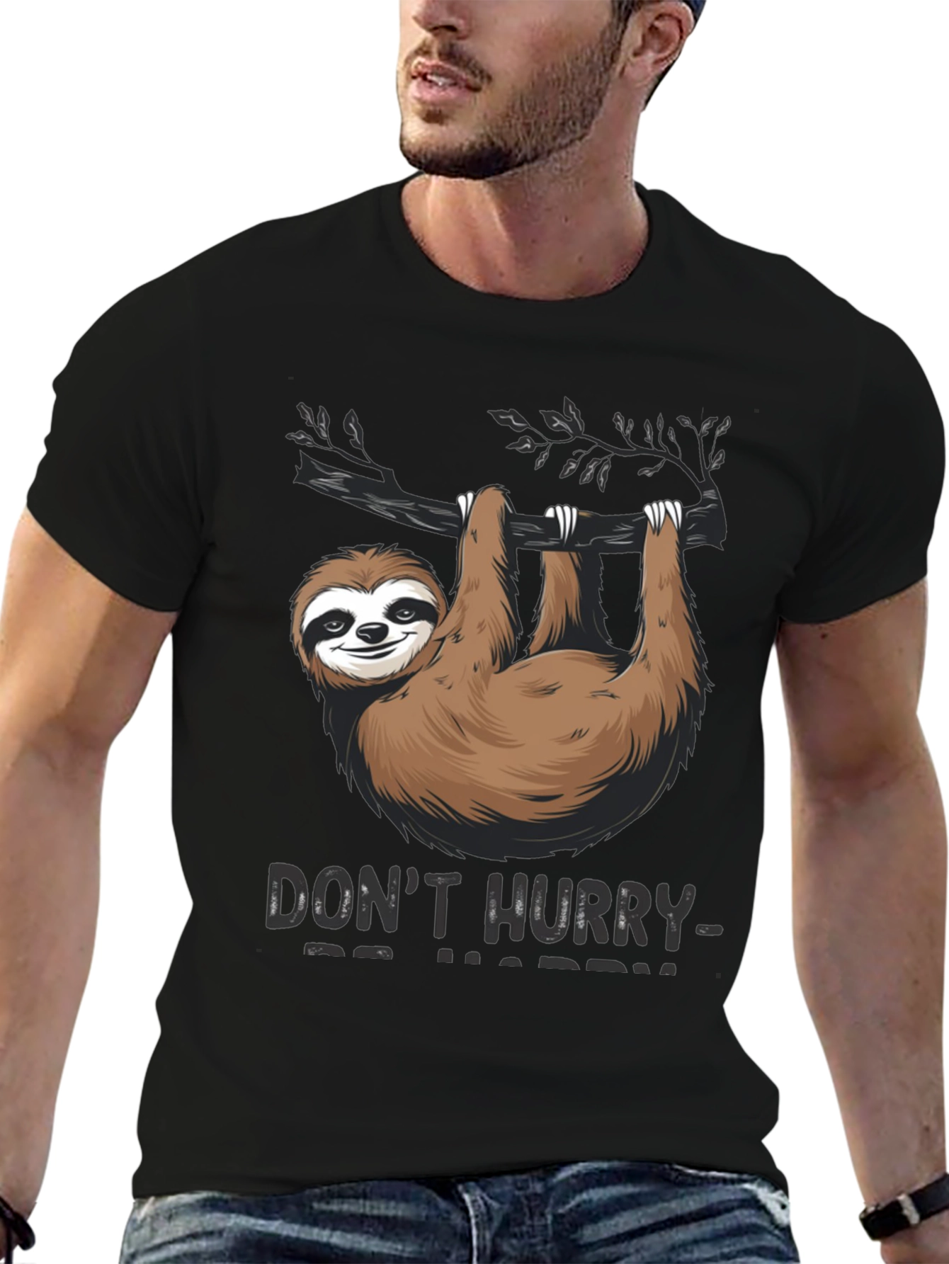 Black Don't Hurry Be Happy Sloth T-Shirt view 6
