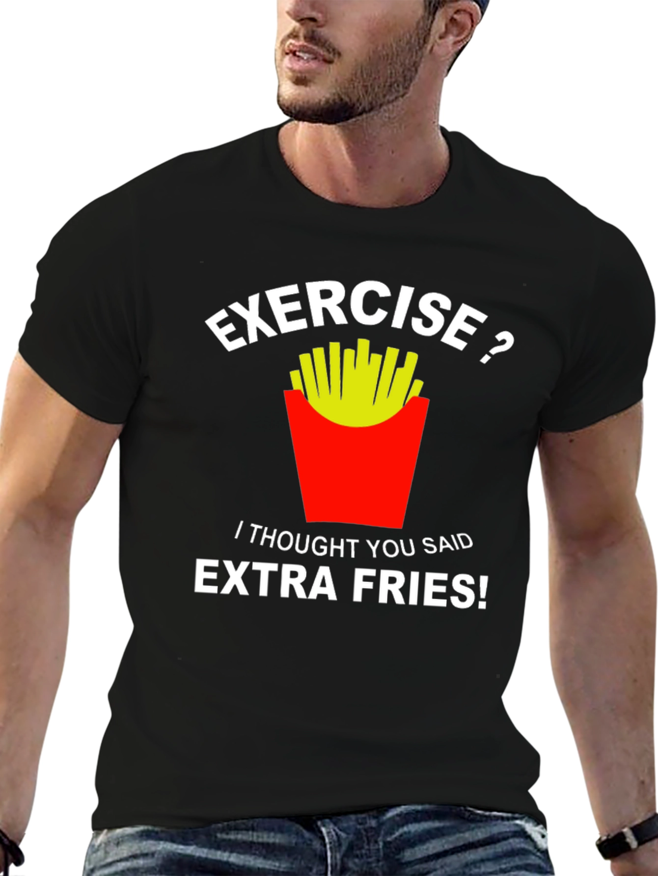 Black Exercise Extra Fries Funny Graphic Tee view 6