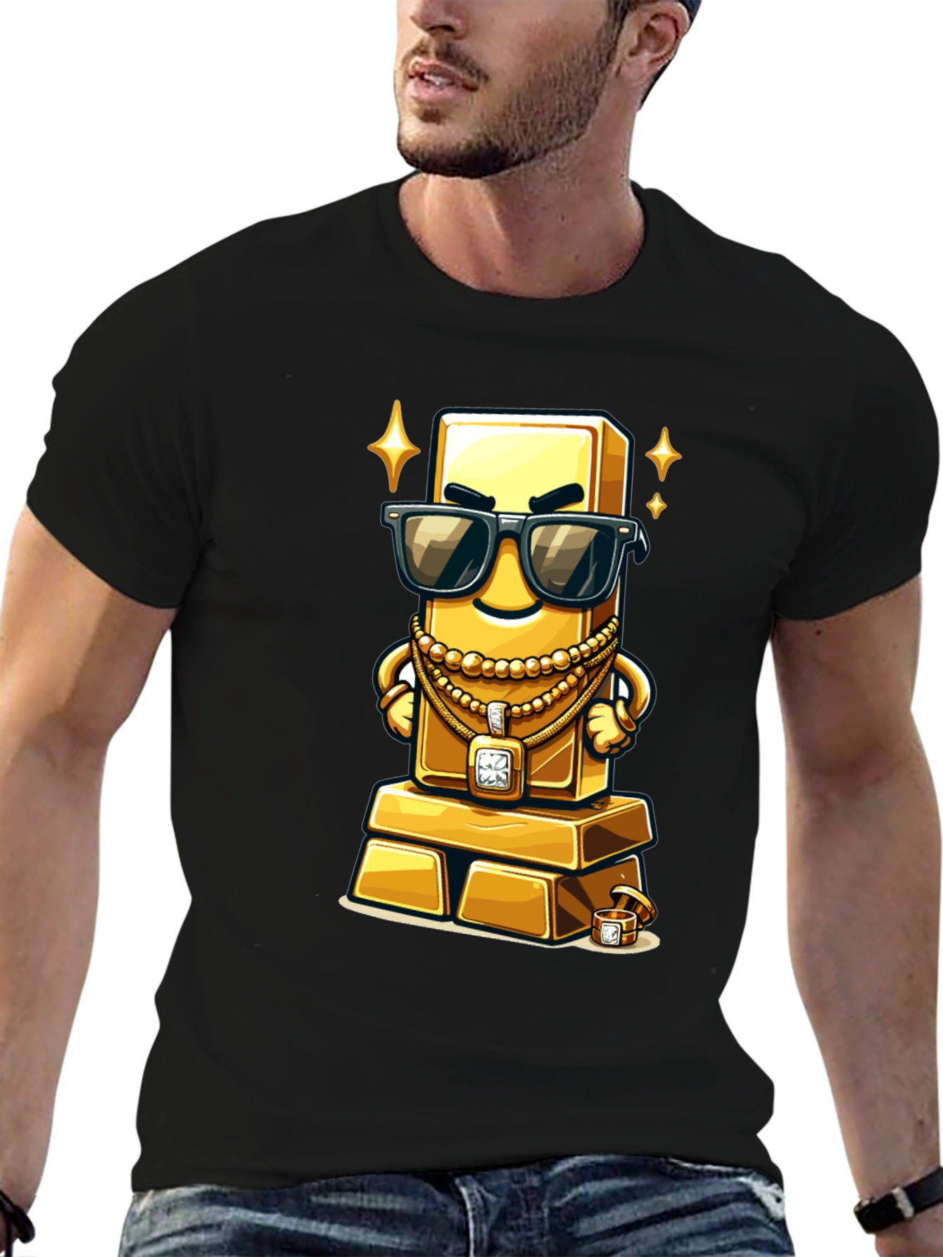 Black Gold Bar Cartoon Graphic Tee view 6