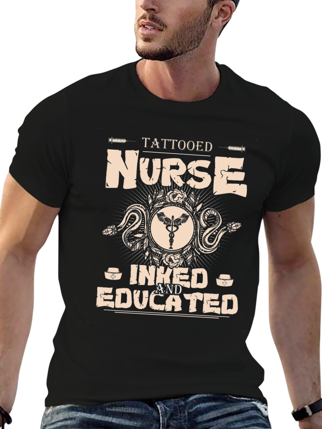 Black Tattooed Nurse Graphic Tee - Inked & Educated T-Shirt view 6