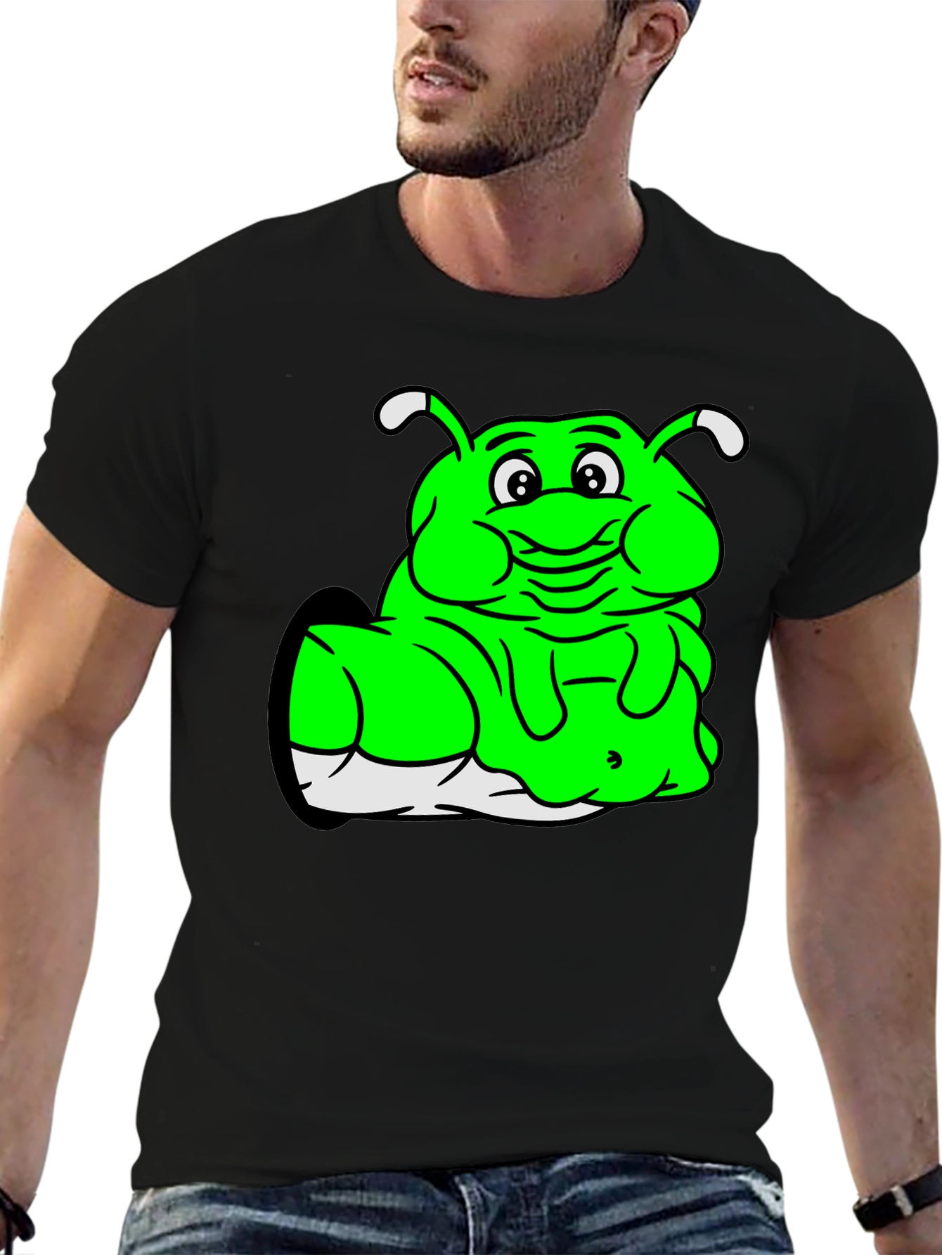 Black Green Cartoon Character Black T-Shirt view 6