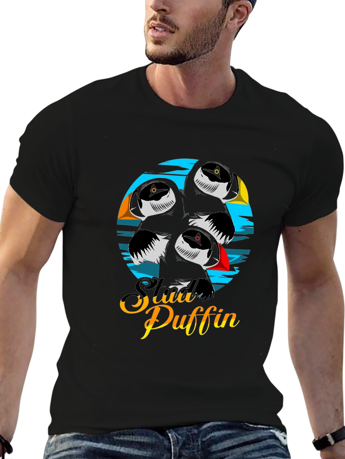 Black Stylish Puffin T-Shirt - Unique Graphic Design view 6