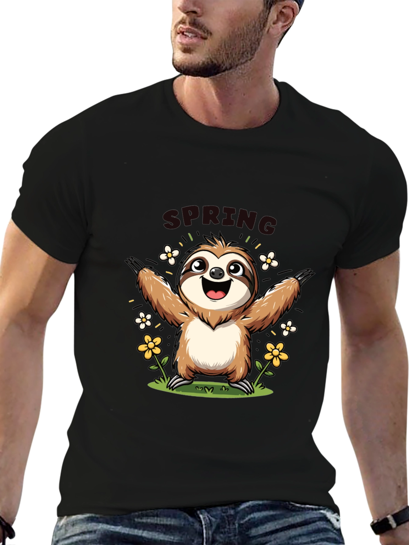 Black Cute Sloth Spring T-Shirt view 6