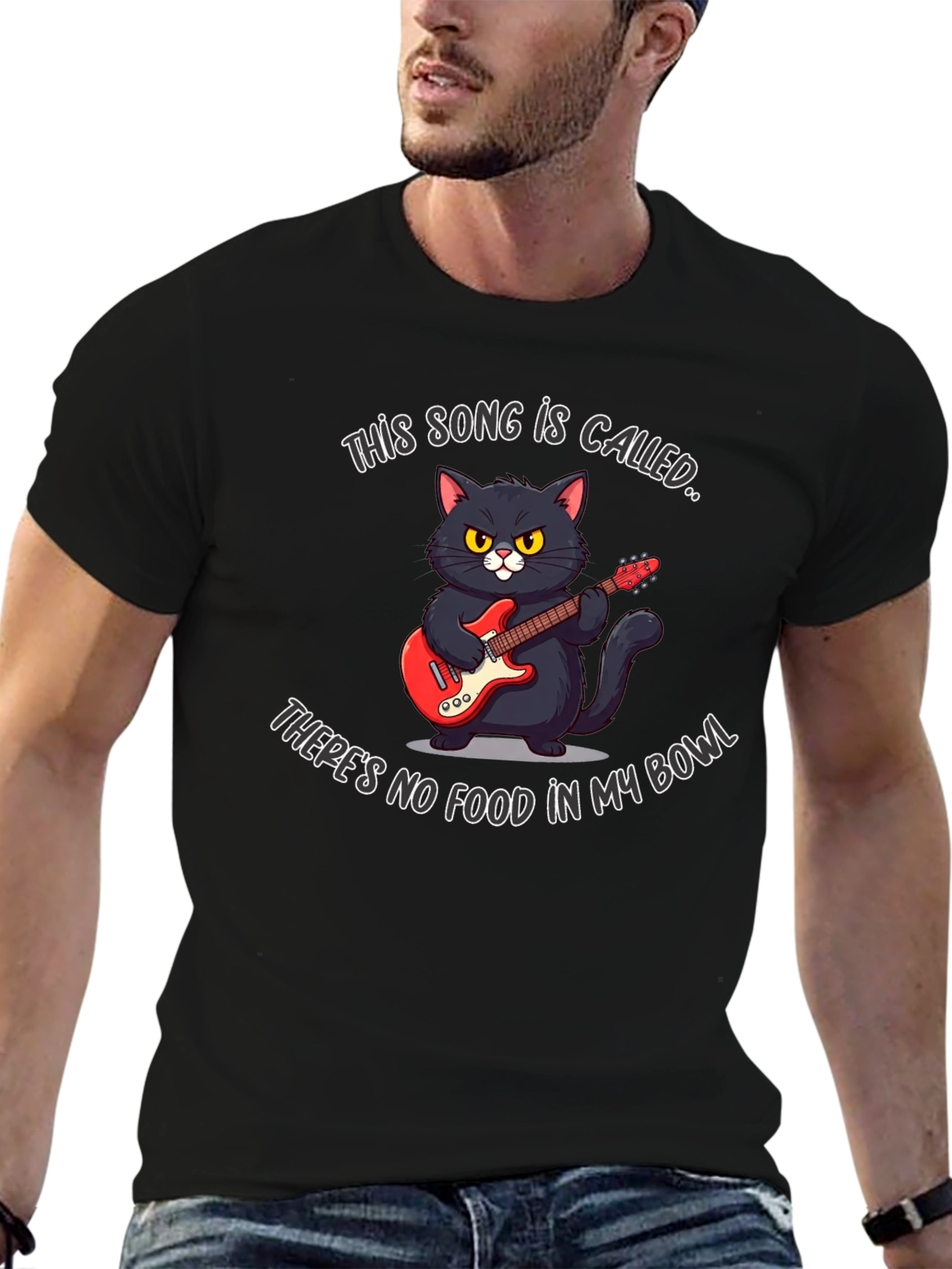 Black Funny Cat Guitarist T-Shirt - "No Food in My Bowl" view 6