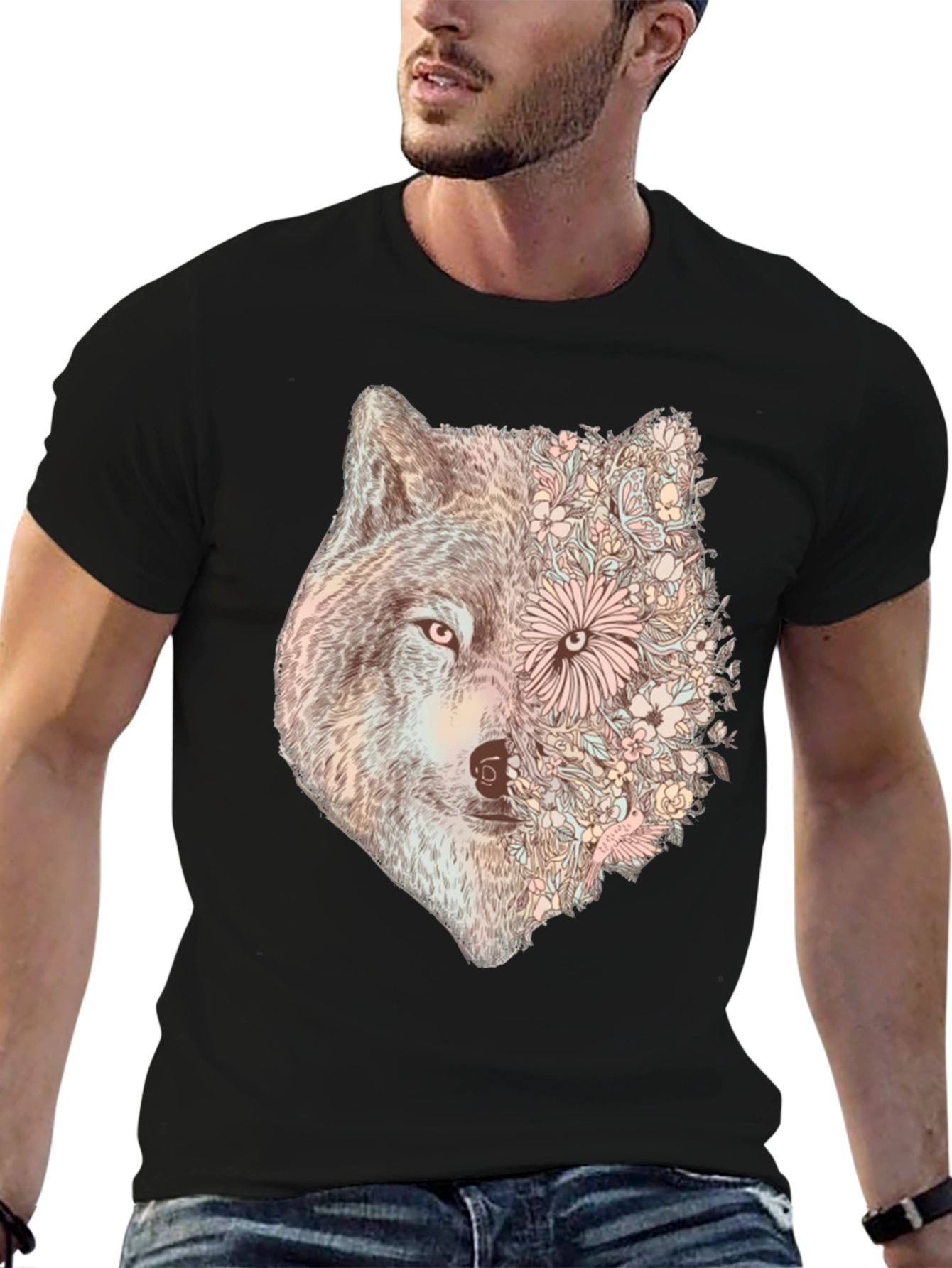 Black Floral Wolf Graphic Tee - Stylish Men's Black T-Shirt view 6