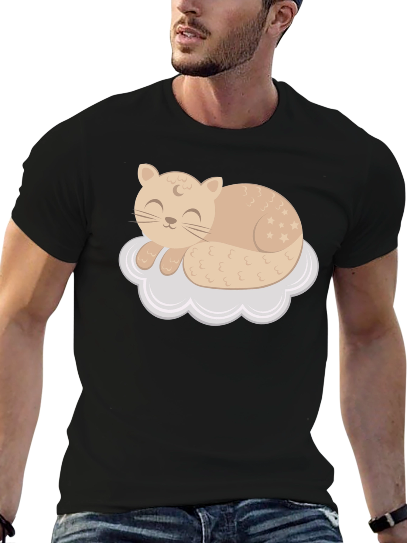 Black Cute Cat Sleeping on Cloud T-Shirt view 6