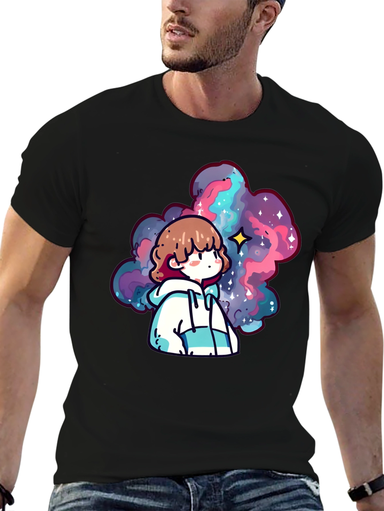 Black Anime Galaxy Graphic Black T-Shirt view 6