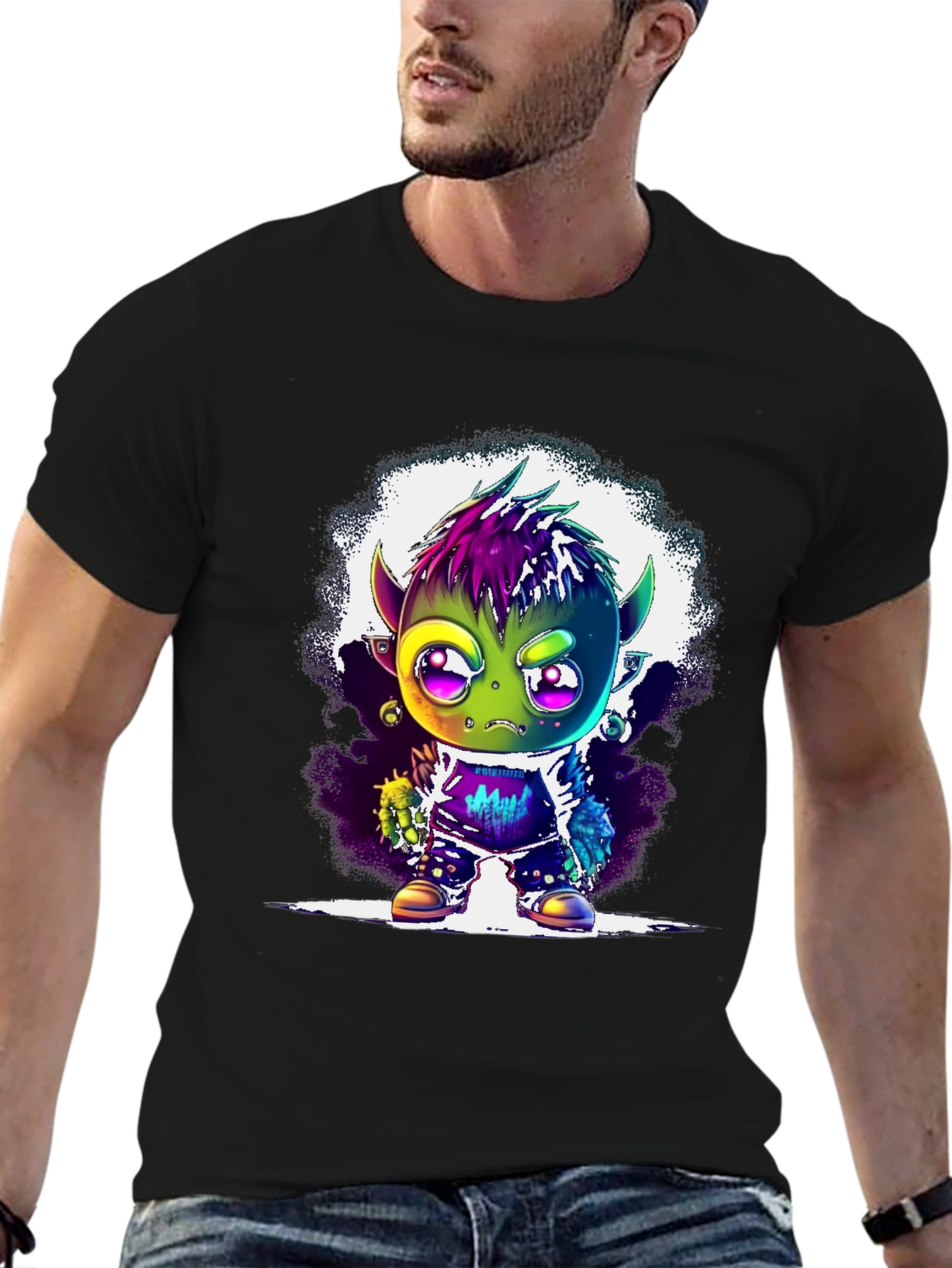 Black Cartoon Monster Graphic Tee - Black Unisex T-Shirt view 6
