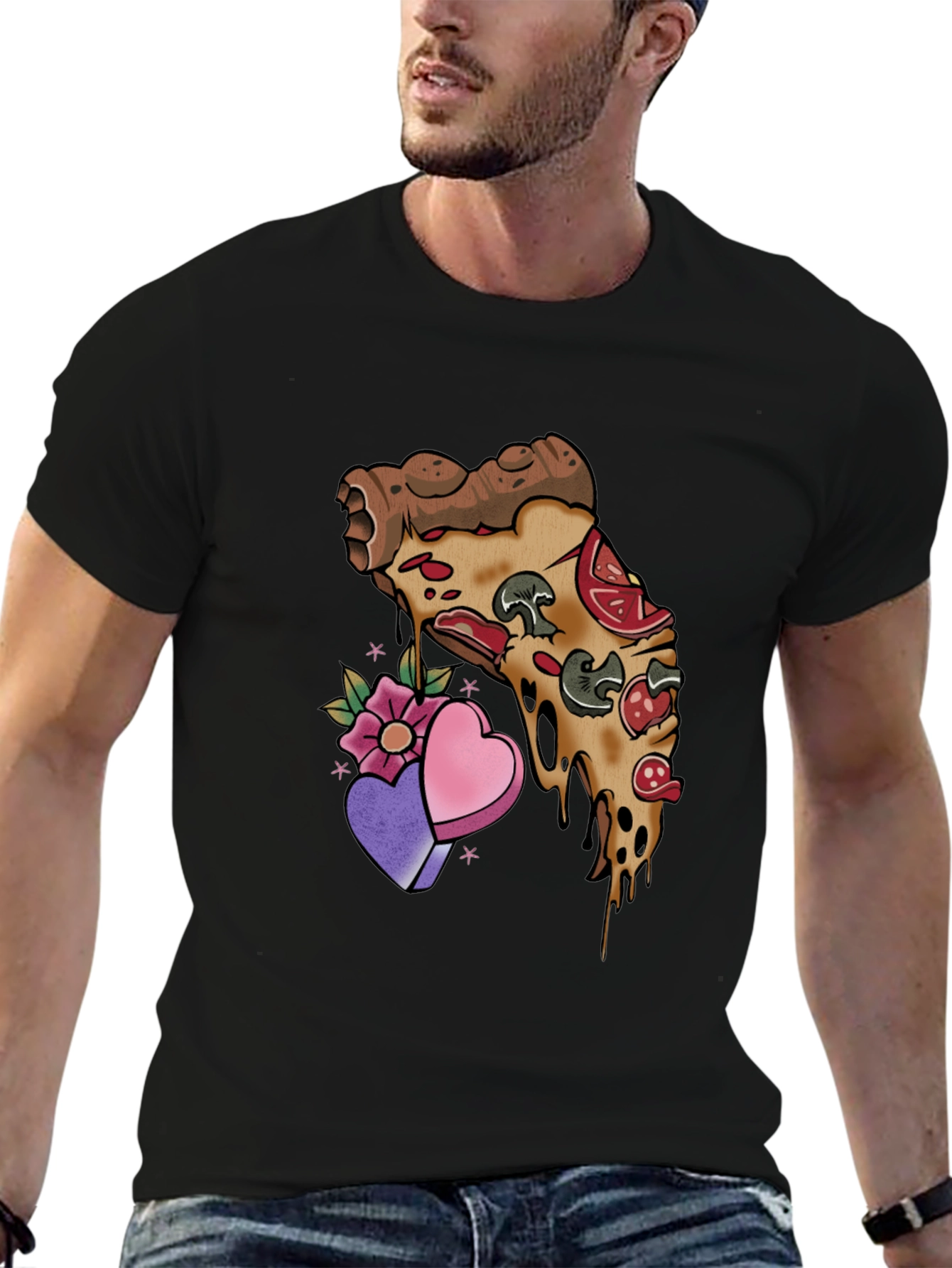 Black Pizza Love T-Shirt - Foodie Valentine's Tee view 6