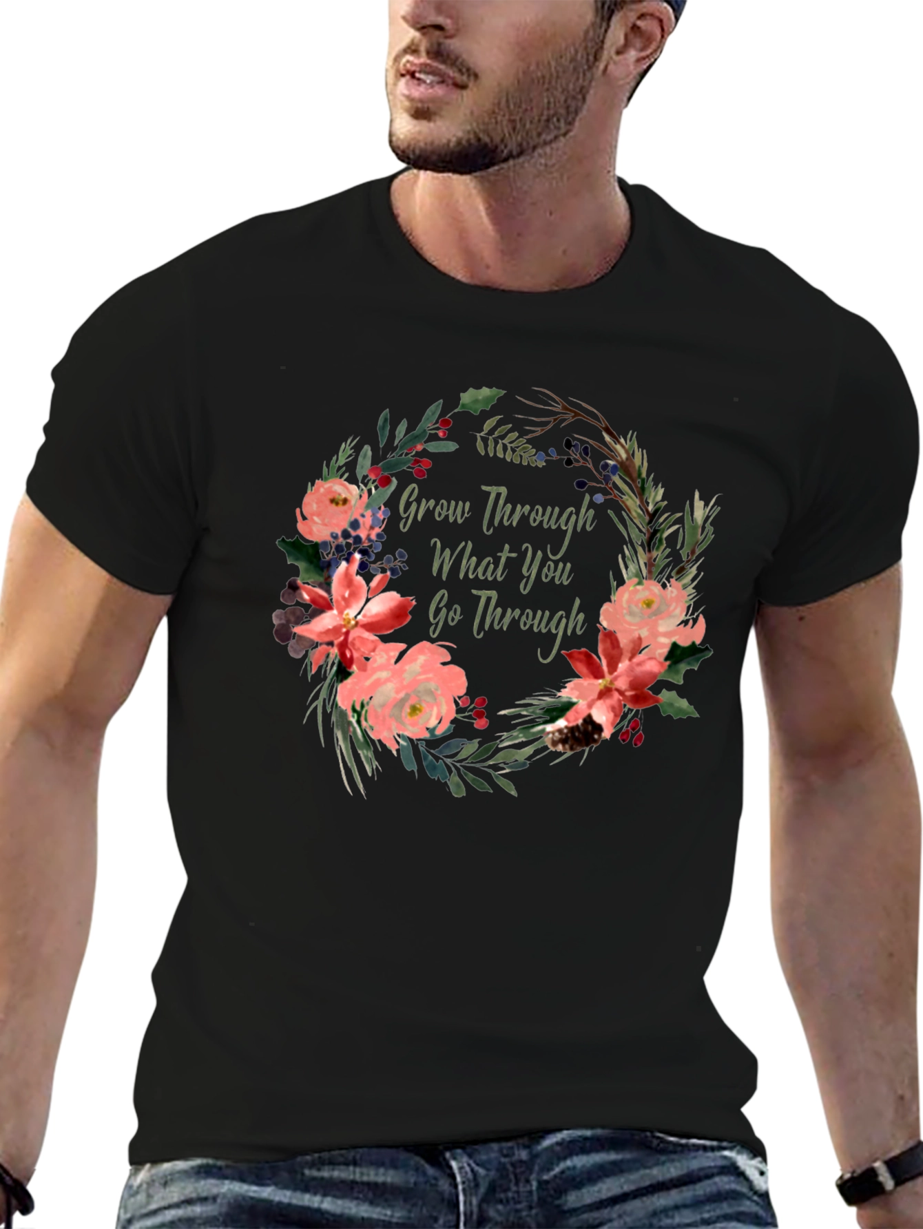 Black Floral Grow Through What You Go Through T-Shirt view 6