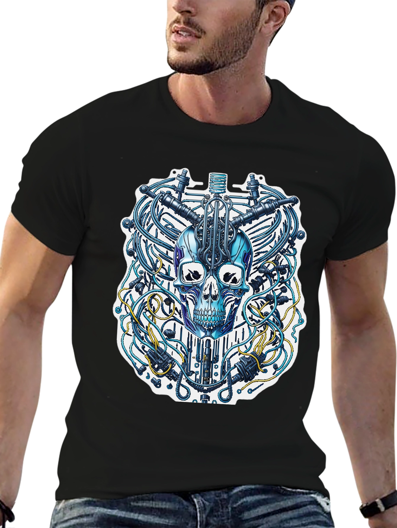 Black Cyberpunk Skull T-Shirt - Unique Design view 6