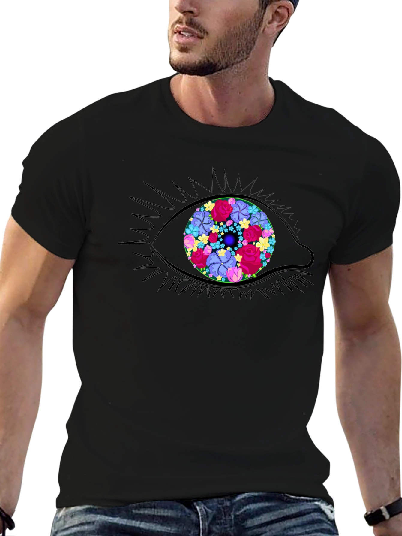 Black Floral Eye Graphic Tee - Stylish Black T-Shirt view 6