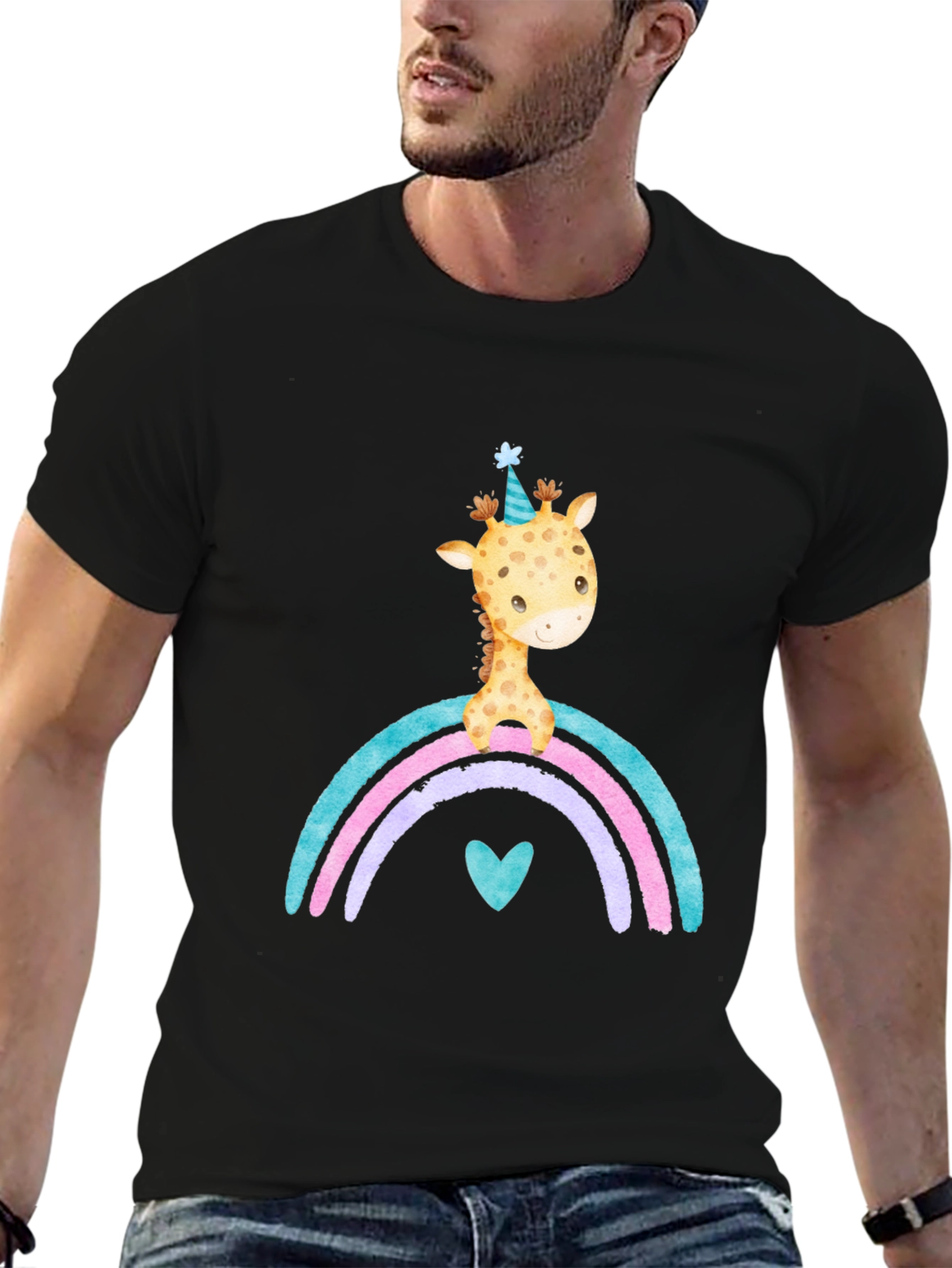 Black Giraffe Rainbow T-Shirt Cute Cartoon Graphic Tee view 6
