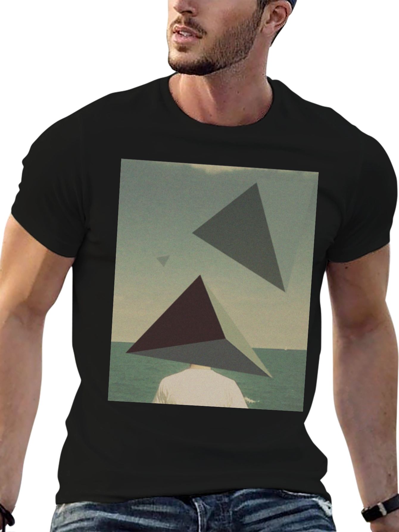Black Abstract Triangle Graphic Tee - Men's Black T-Shirt view 6