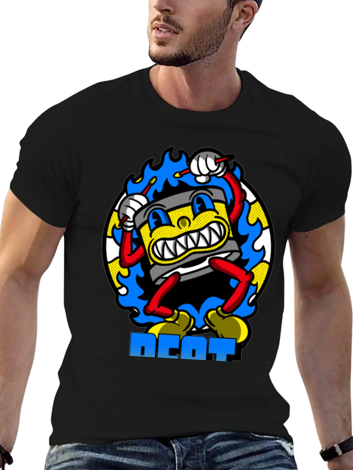 Black Retro Cartoon Drum Beat T-Shirt - Black Cotton view 6