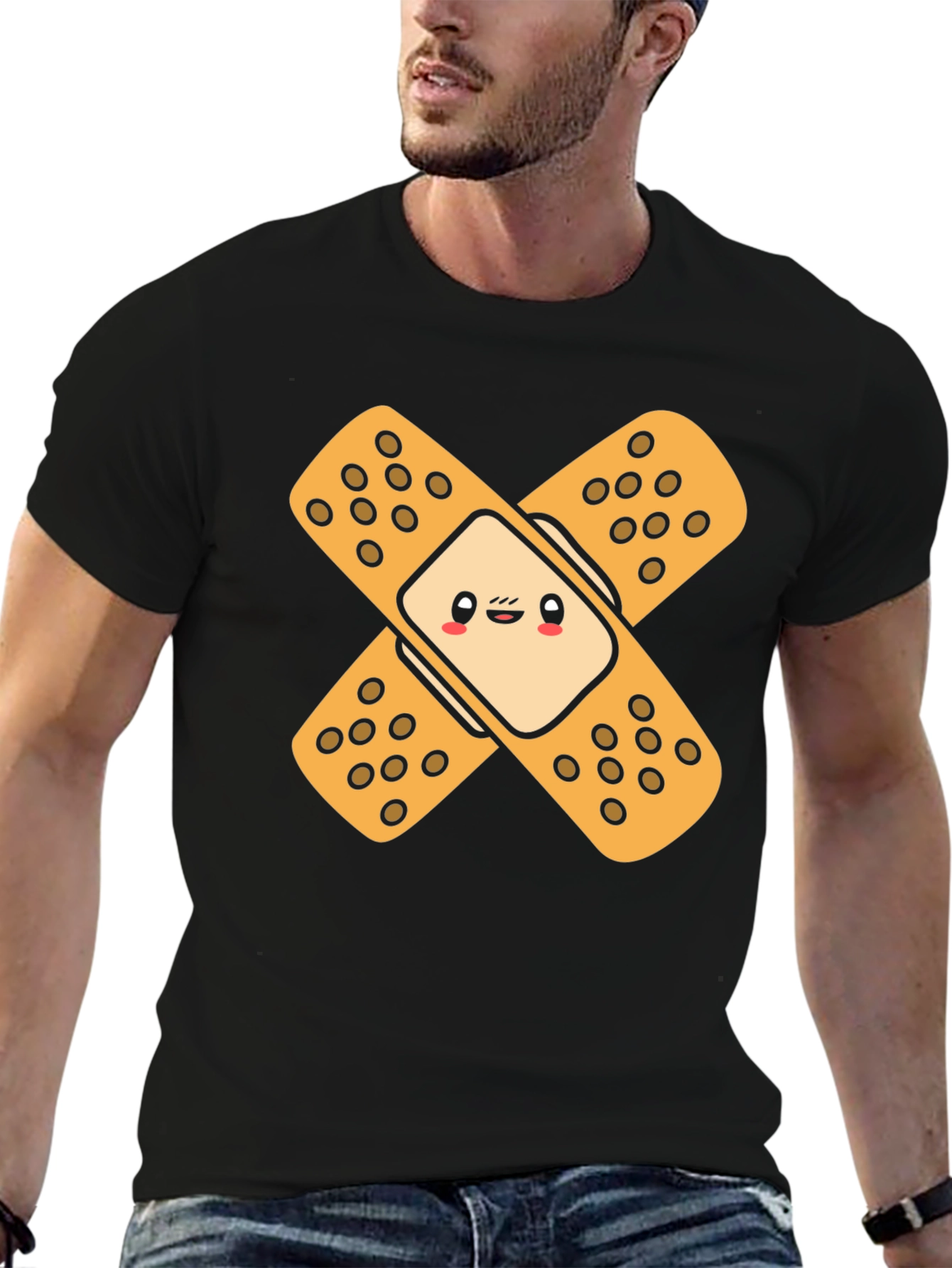 Black Cute Band-Aid Graphic Black T-Shirt view 6