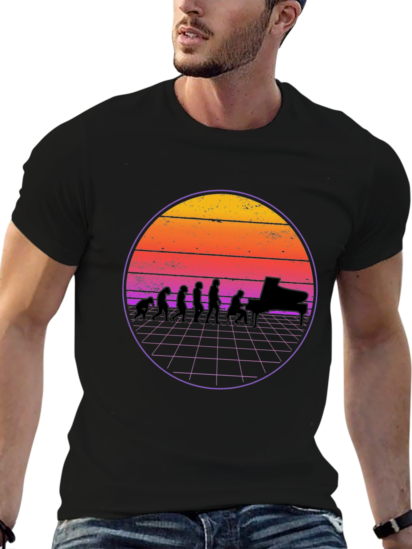 Black Piano Evolution T-Shirt - Retro Sunset Design view 6