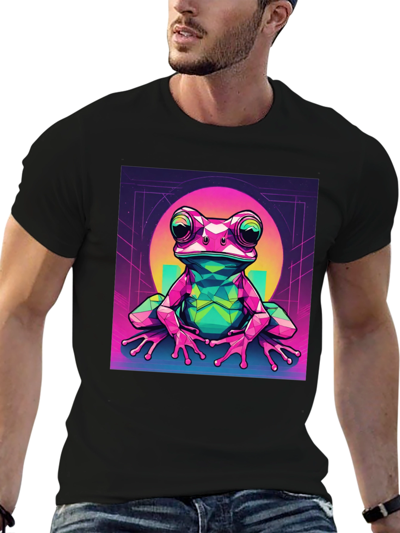Black Geometric Frog Graphic Tee - Cool Polygon Design view 6