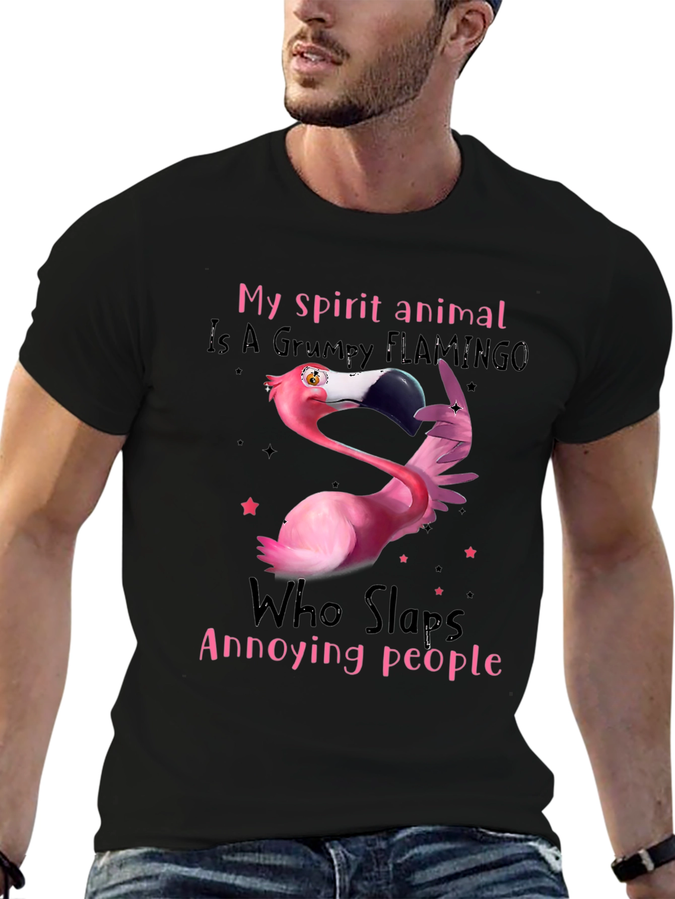 Black Grumpy Flamingo T-Shirt - Slaps Annoying People view 6