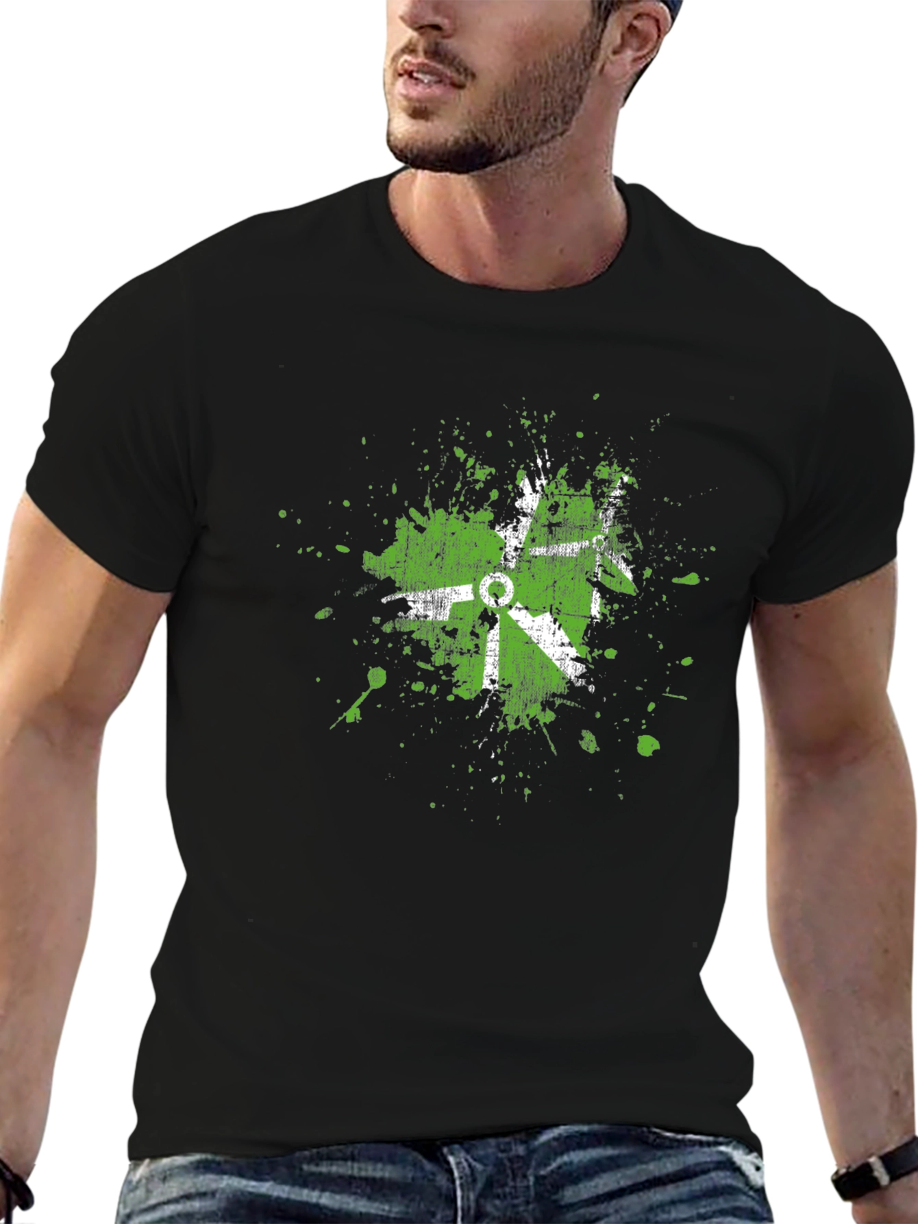 Black Grunge Green Graphic Print Crew Neck T-Shirt view 6