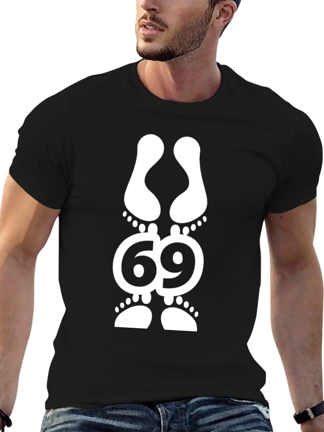 Black Funny 69 Footprint Graphic T-Shirt view 6