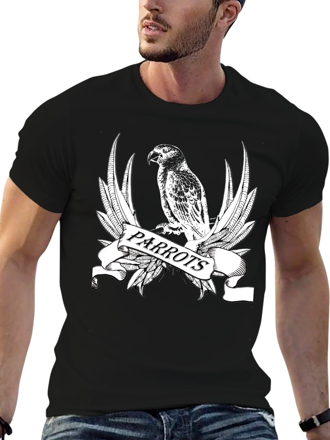 Black Parrot Graphic Print Crew Neck T-Shirt view 6