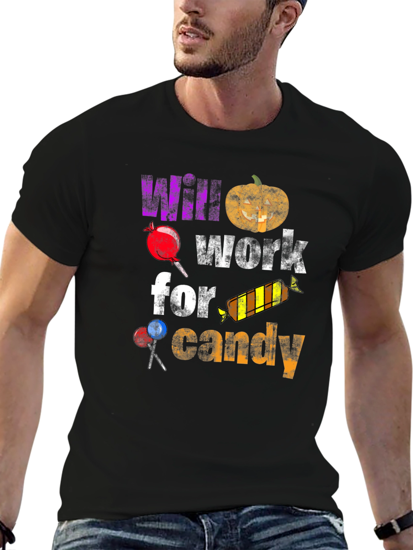 Black Halloween T-Shirt - Will Work For Candy view 6