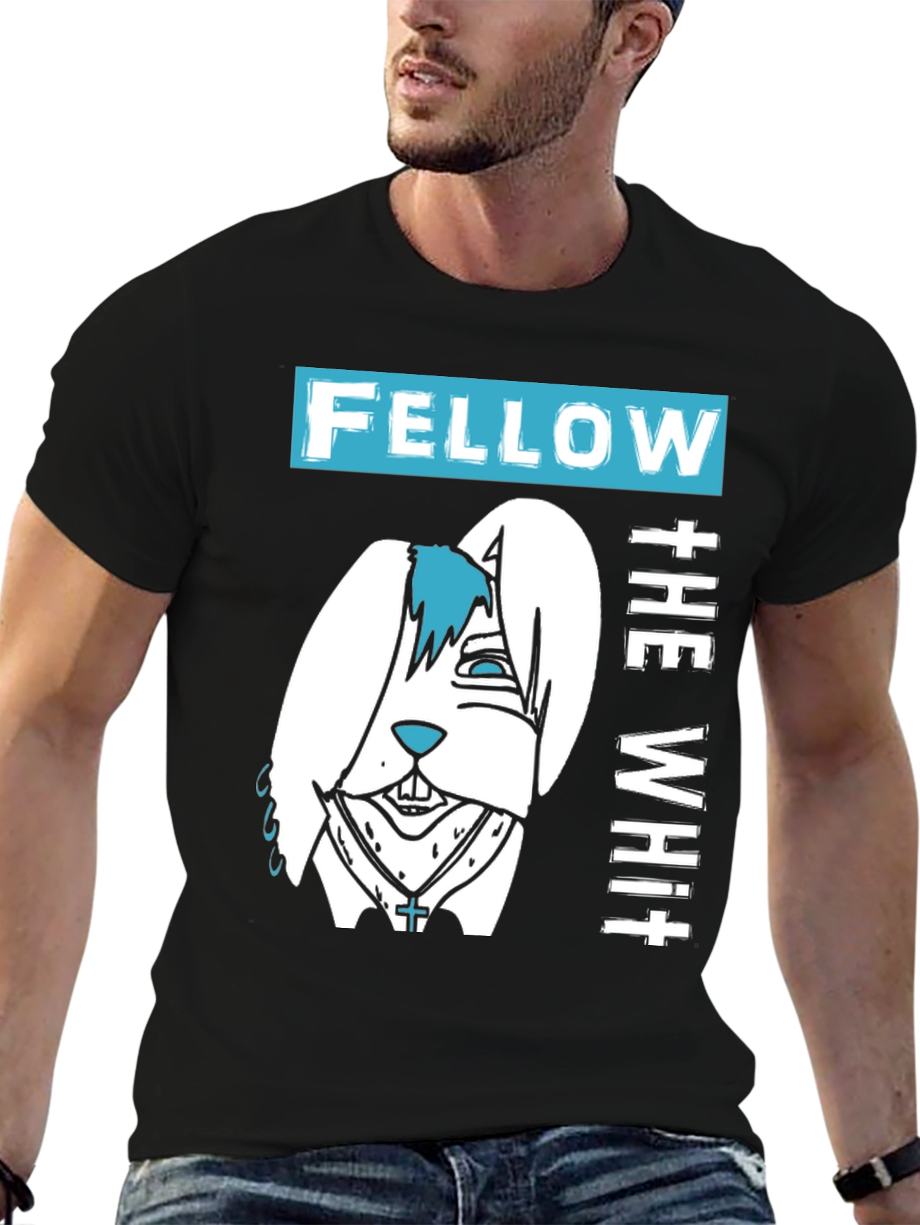 Black Fellow The White T-Shirt with Cartoon Bunny Design view 6