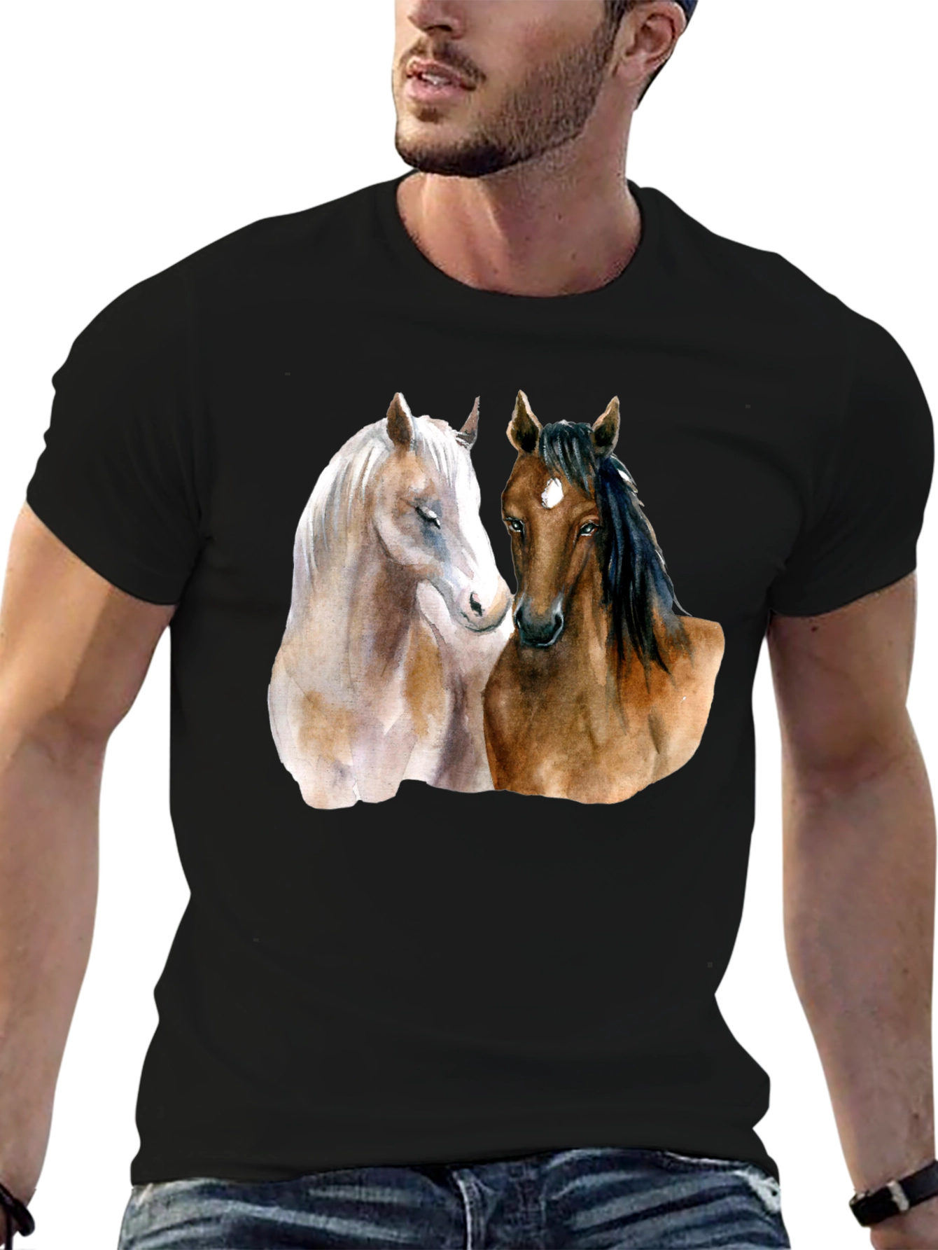 Black Horse Lover's T-Shirt: Artistic Equestrian Design view 6
