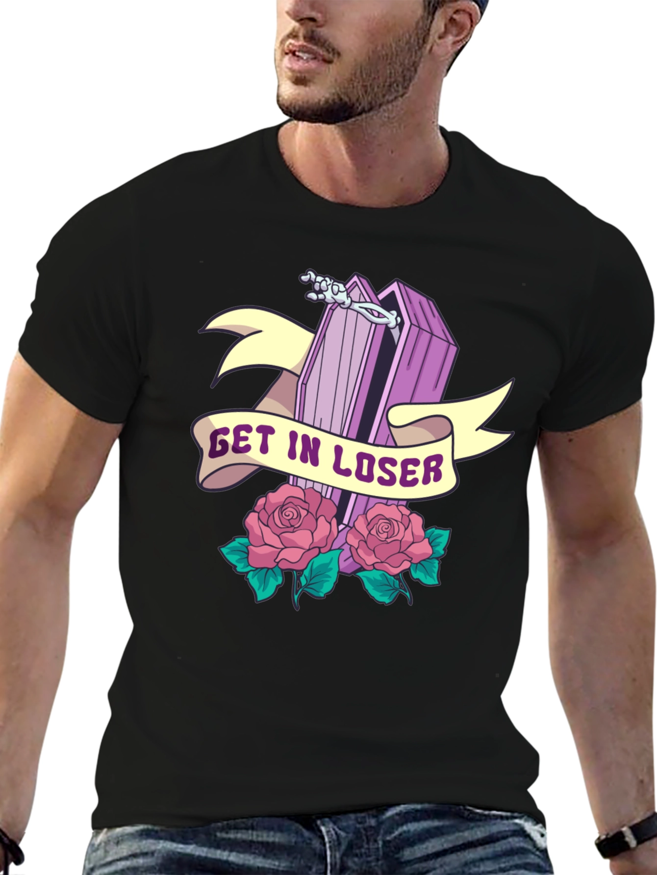 Black Get In Loser Coffin Graphic T-Shirt view 6