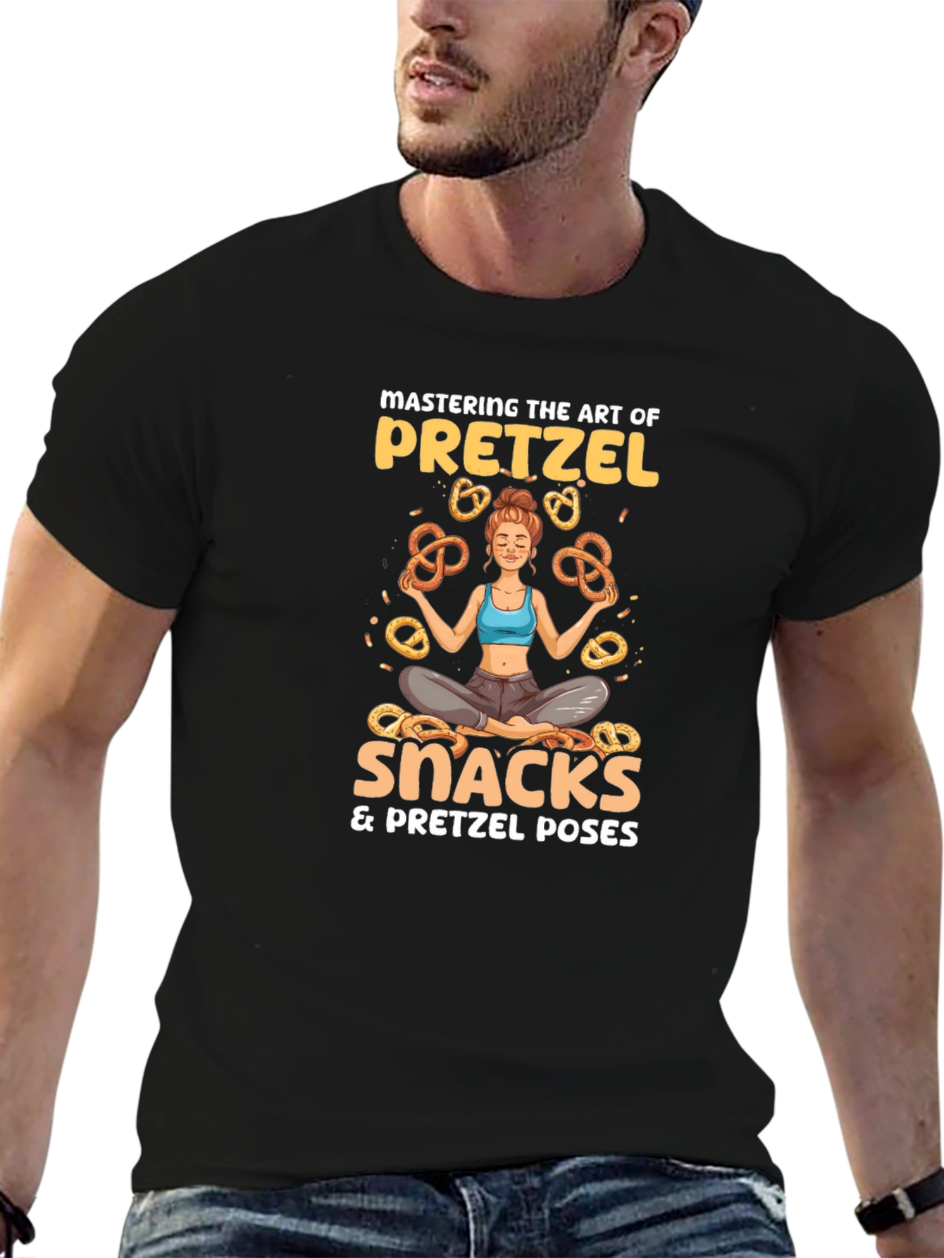 Black Pretzel Lover T-Shirt - Snacks & Yoga Poses view 6