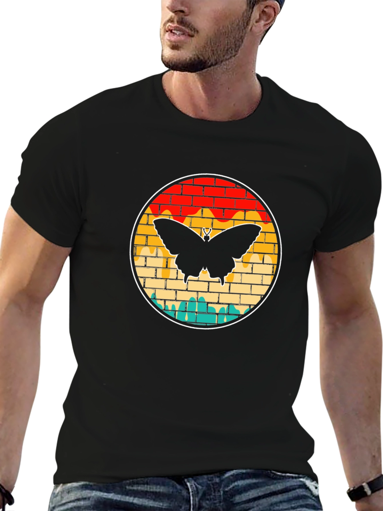 Black Butterfly Brick Wall Graphic Tee - Vintage Style view 6