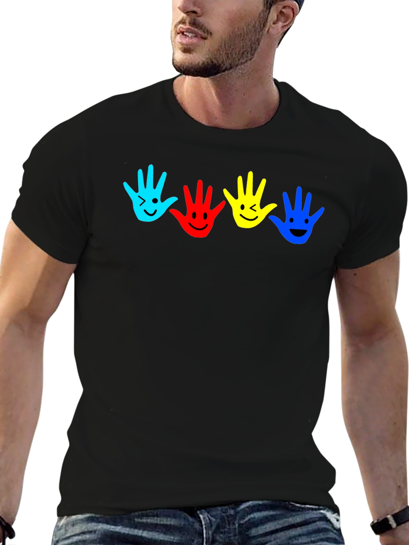 Black Colorful Handprint Smile Graphic Tee view 6