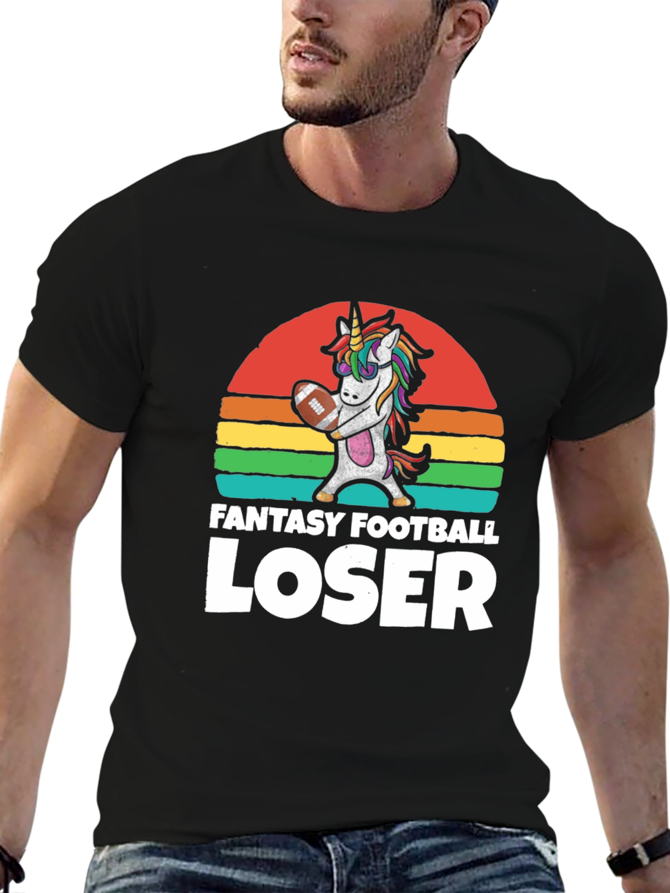 Black Fantasy Football Loser Unicorn T-Shirt view 6