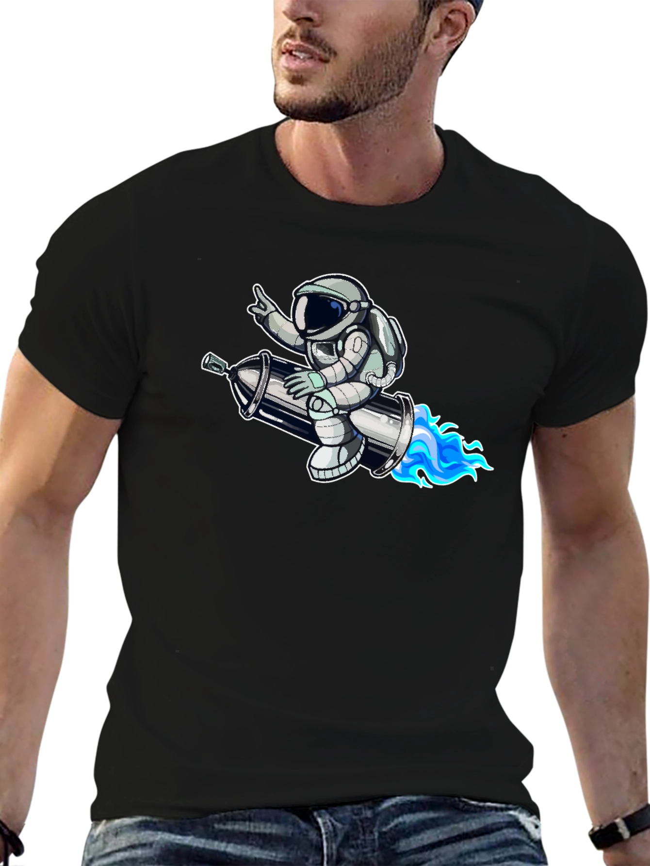 Black Astronaut on Rocket T-Shirt - Black view 6