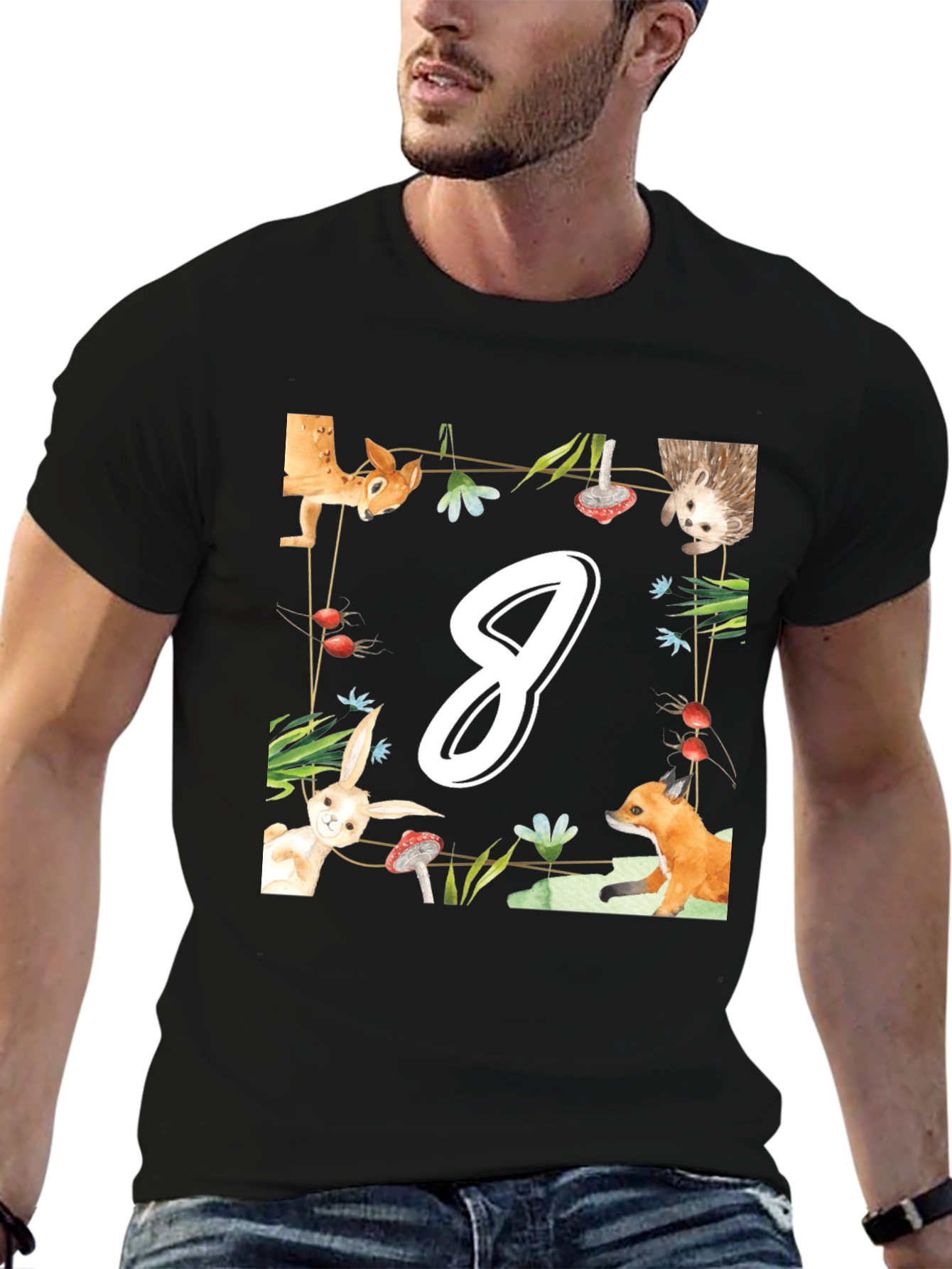 Black Cute Animal Number 8 Birthday T-Shirt view 6