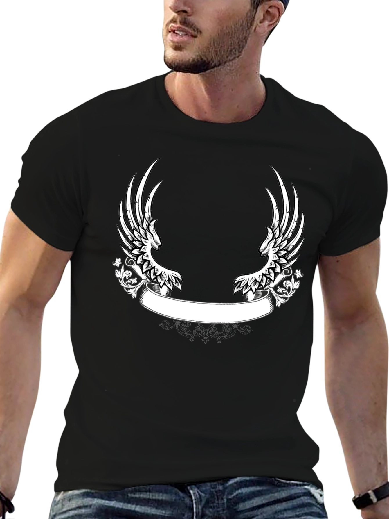 Black Black T-Shirt with Wing and Banner Design view 6