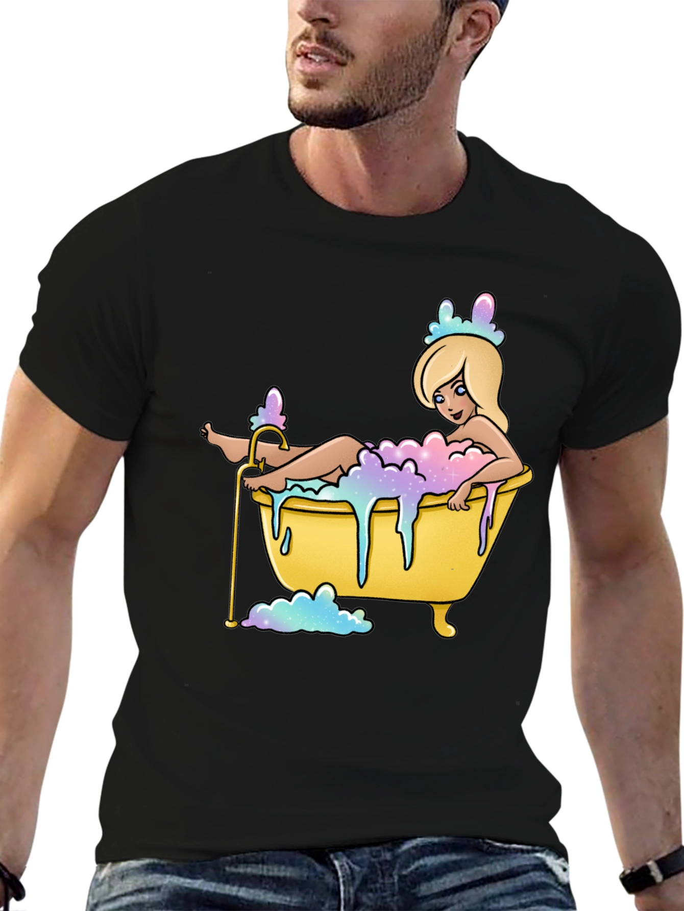 Black Cartoon Girl Bathtub T-Shirt - Black Cotton Tee view 6