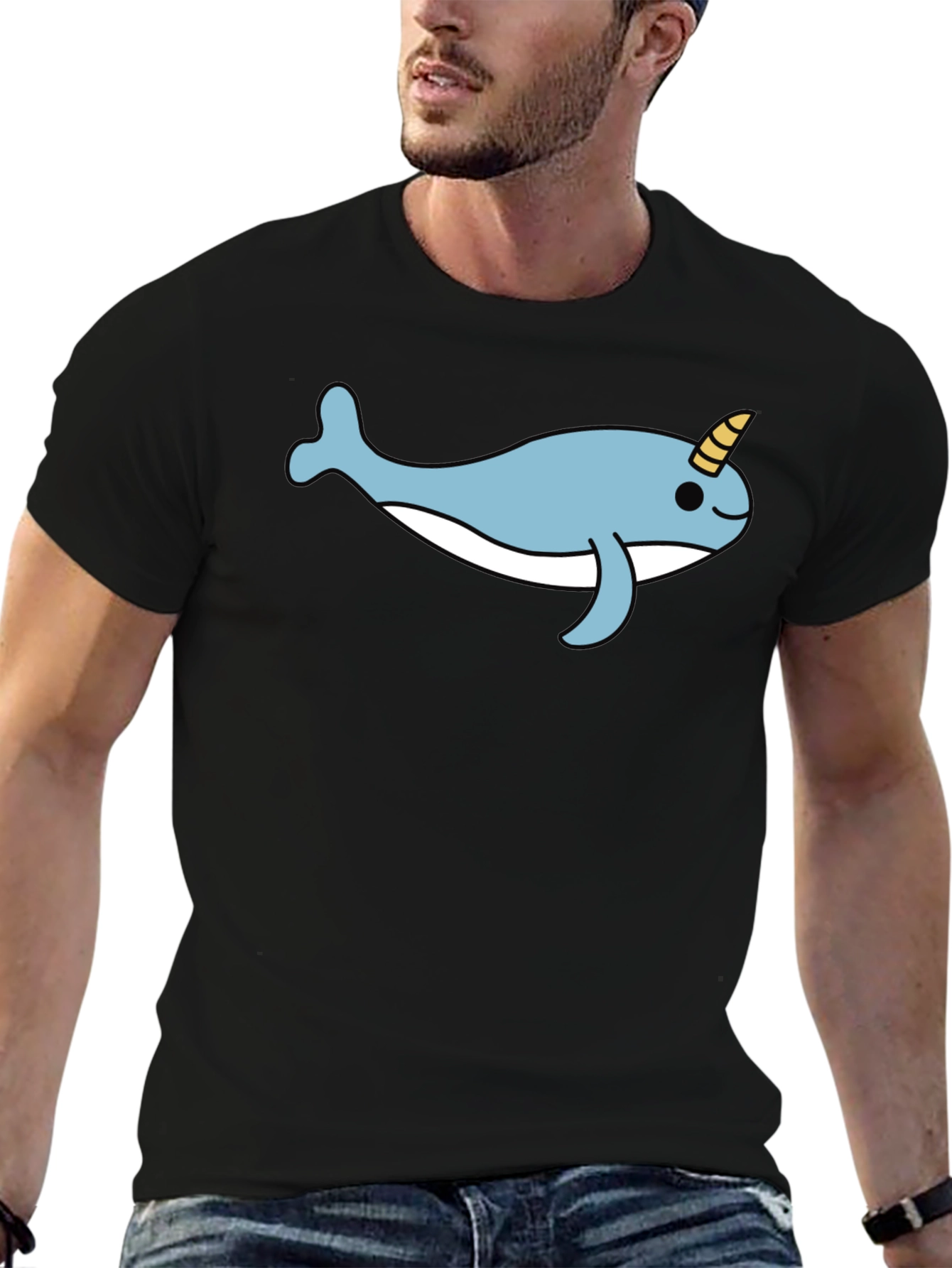 Black Cute Narwhal T-Shirt - Black Cotton Blend Tee view 6