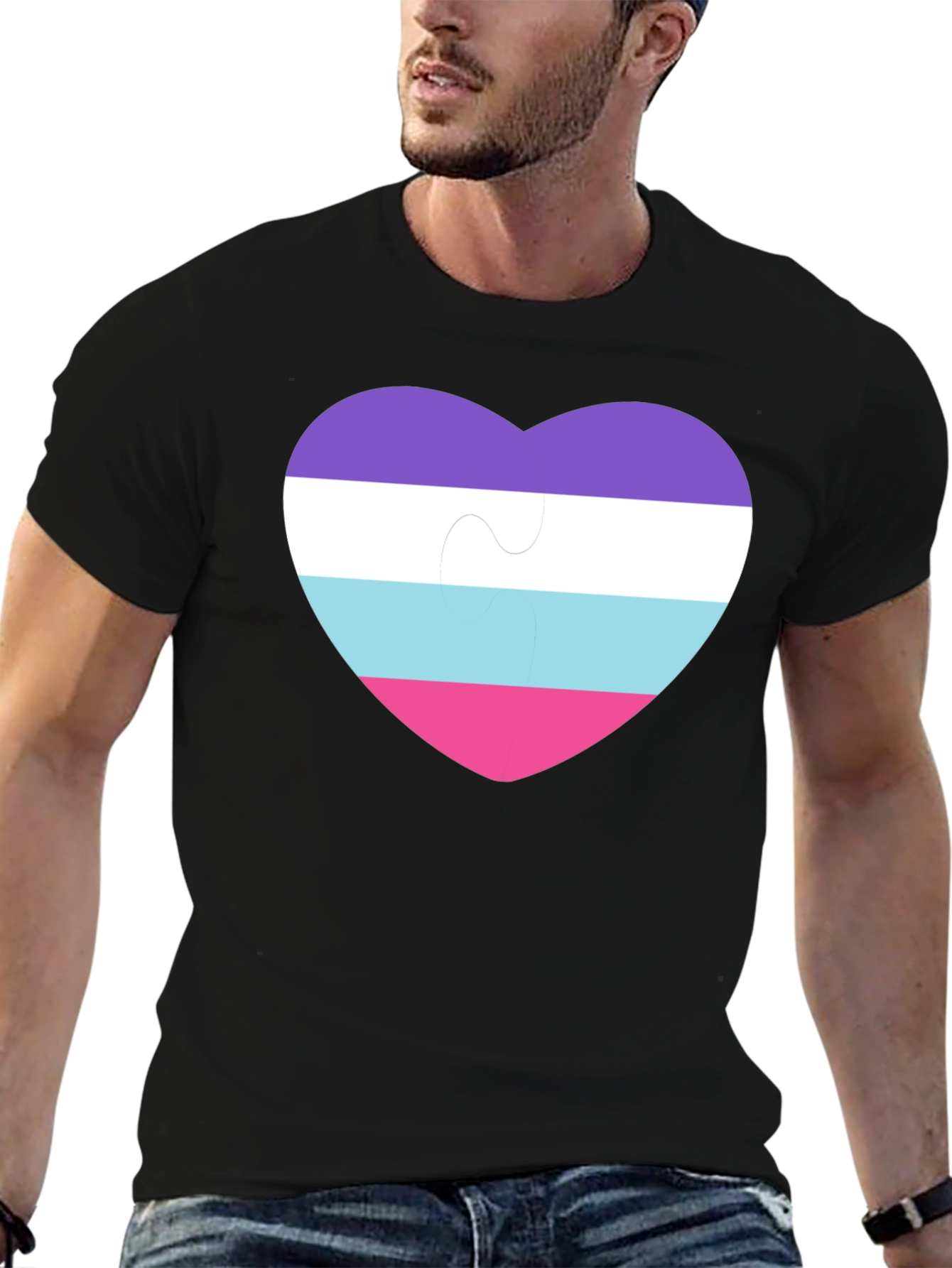 Black Omni Pride Heart Puzzle Piece T-Shirt view 6