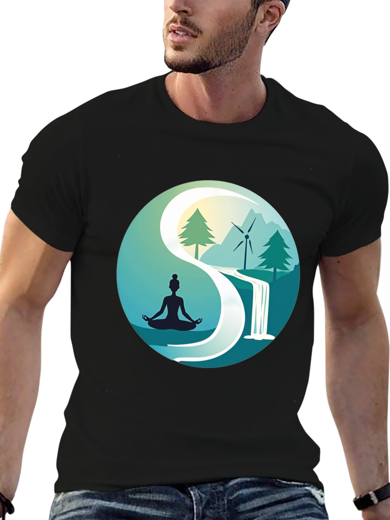 Black Nature Yin Yang T-Shirt - Meditation and Sustainability view 6