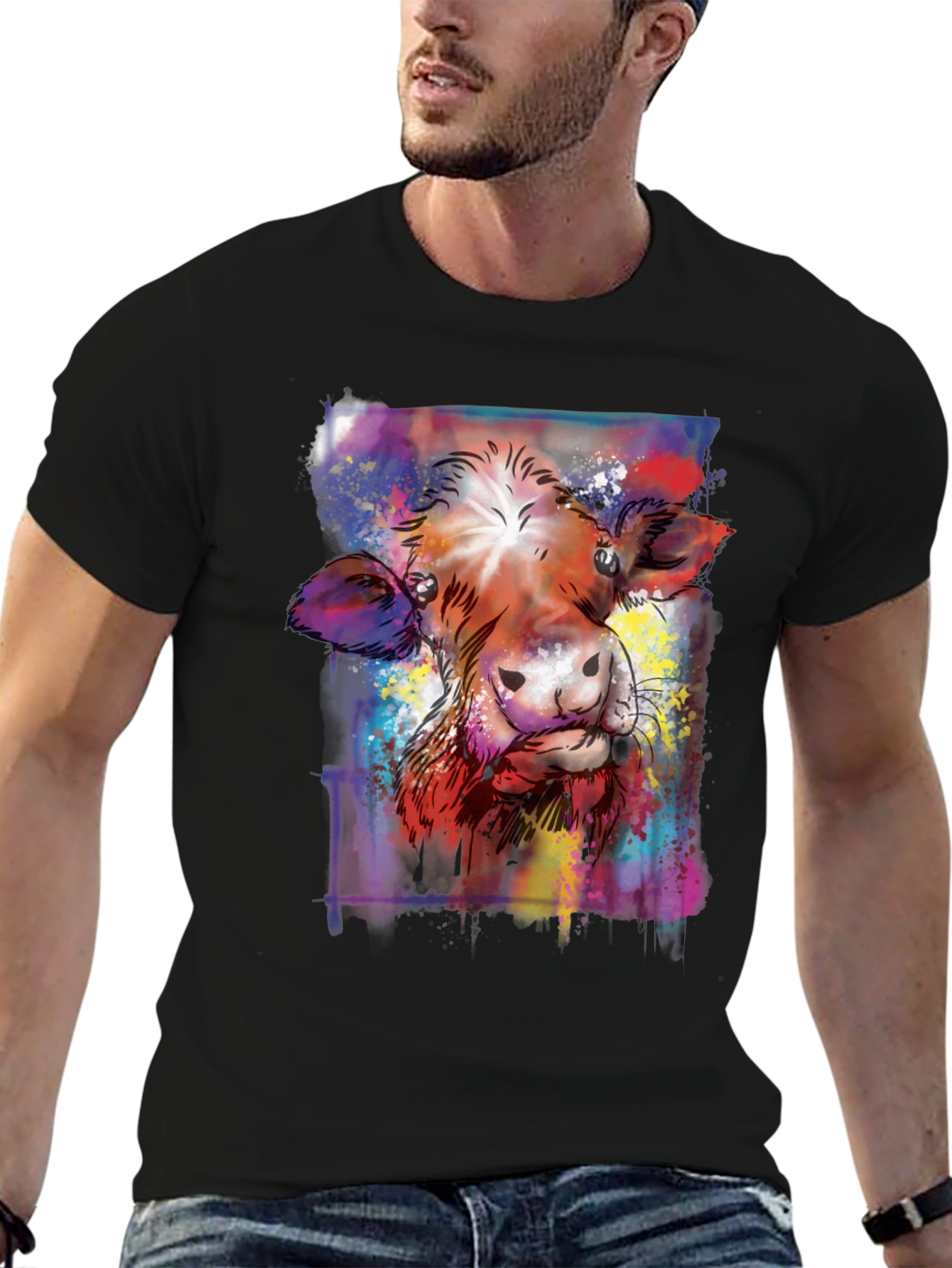 Black Colorful Cow Art Graphic Print Black T-Shirt view 6