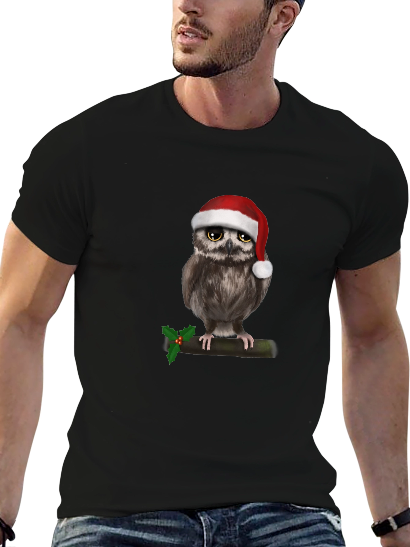Black Festive Owl Christmas T-Shirt view 6