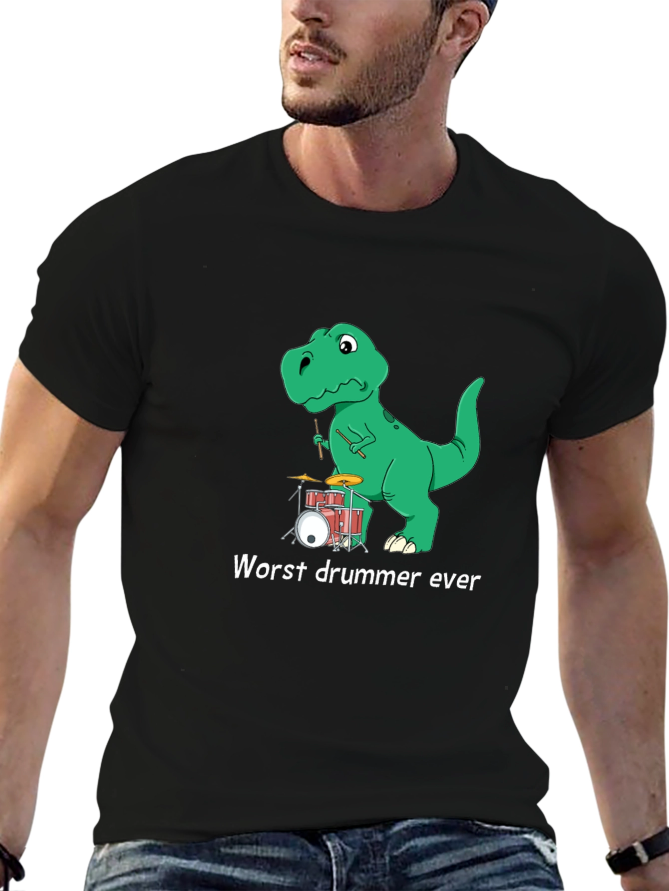 Black Dinosaur Drummer T-Shirt - "Worst Drummer Ever" Graphic Tee view 6