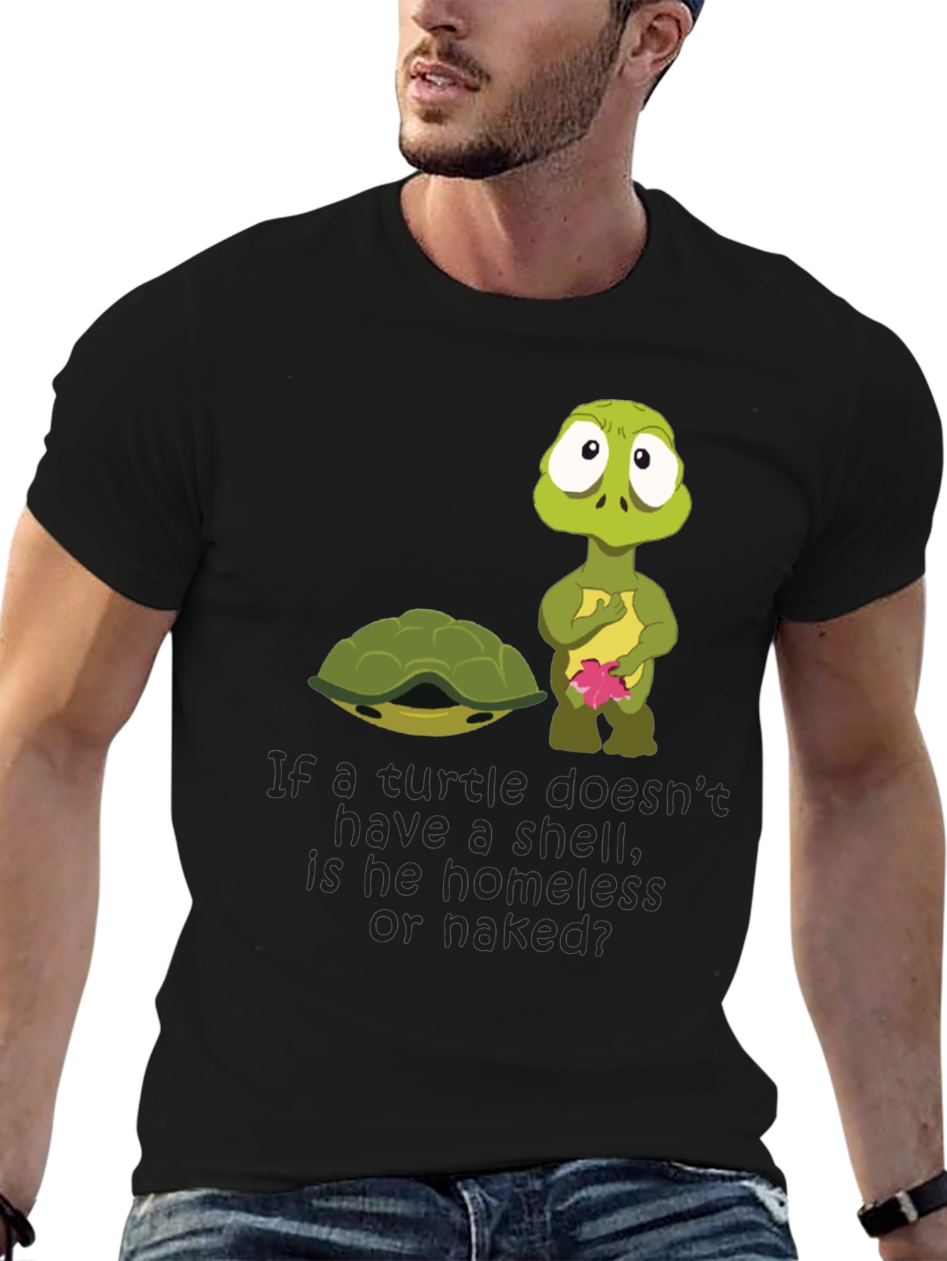 Black Funny Turtle Shell Homeless Naked T-Shirt view 6